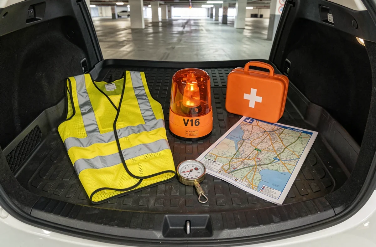 Vue du dessus d'un coffre de voiture organisé avec une balise V16, un gilet de sécurité, une trousse de secours et des équipements de préparation avant départ en long trajet