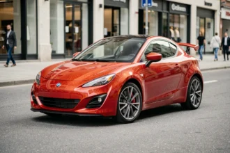 Ligier JS50 Sport Ultimate rouge garée en ville, vue 3/4 avant sur asphalte urbain