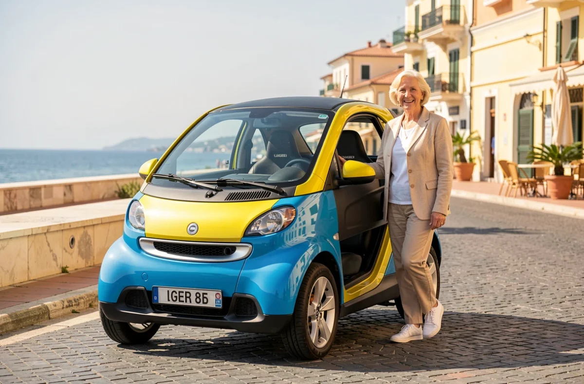 Voiture sans permis Ligier garée sur une promenade de Nice avec conductrice