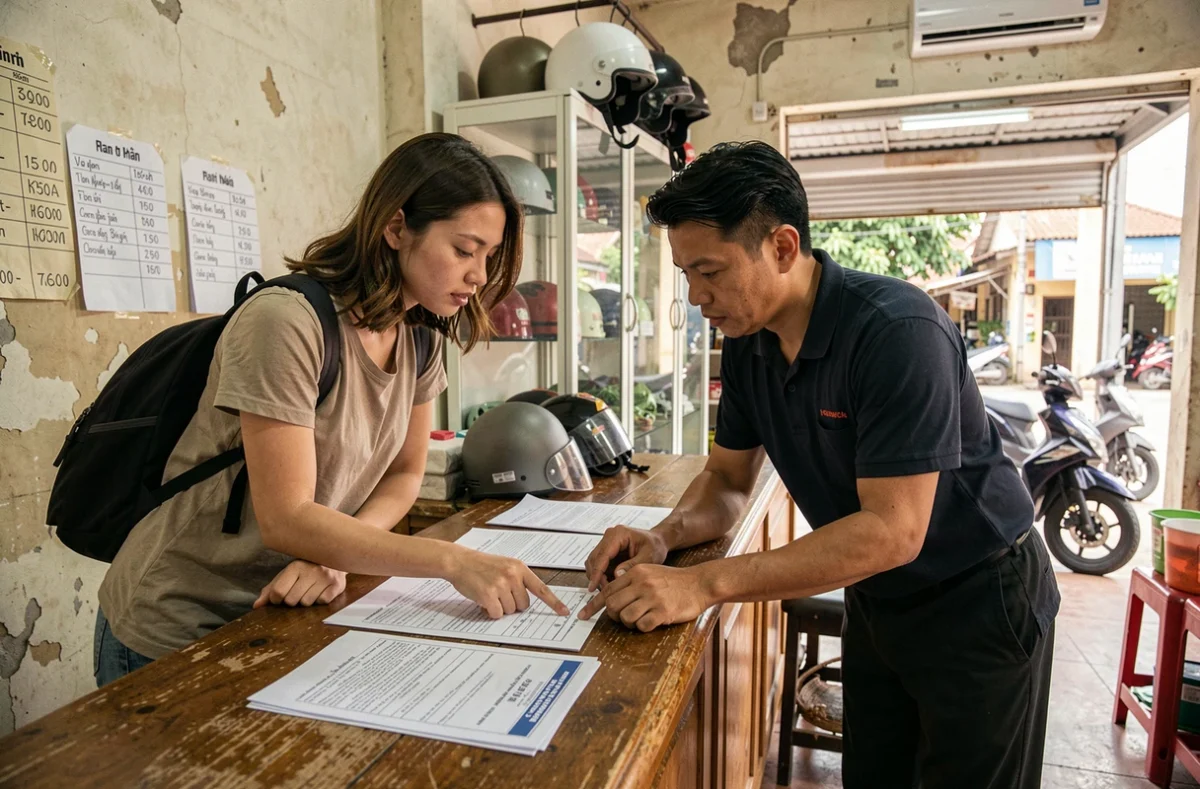 Touriste occidentale et loueur de scooter vietnamien examinant un contrat d'assurance dans une agence de location à Hanoï
