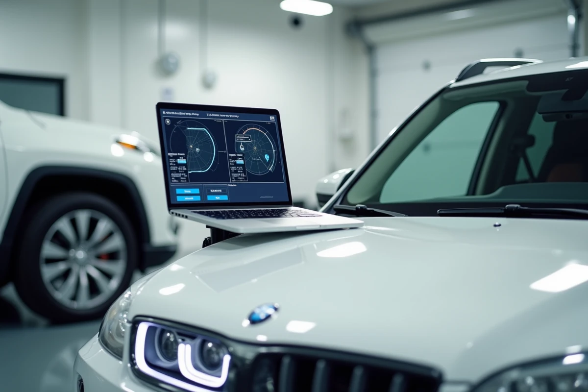 Écran de diagnostic affichant le logiciel de calibration ADAS pour caméra de pare-brise sur un SUV blanc en atelier