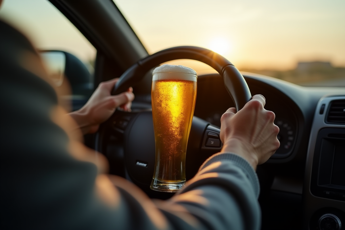 Main au volant avec verre de bière dans voiture en soleil