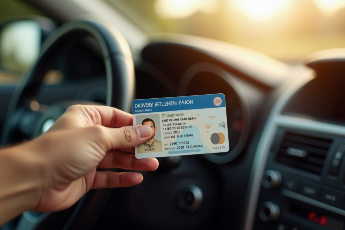 Main tenant une licence de voiture près du volant en lumière naturelle