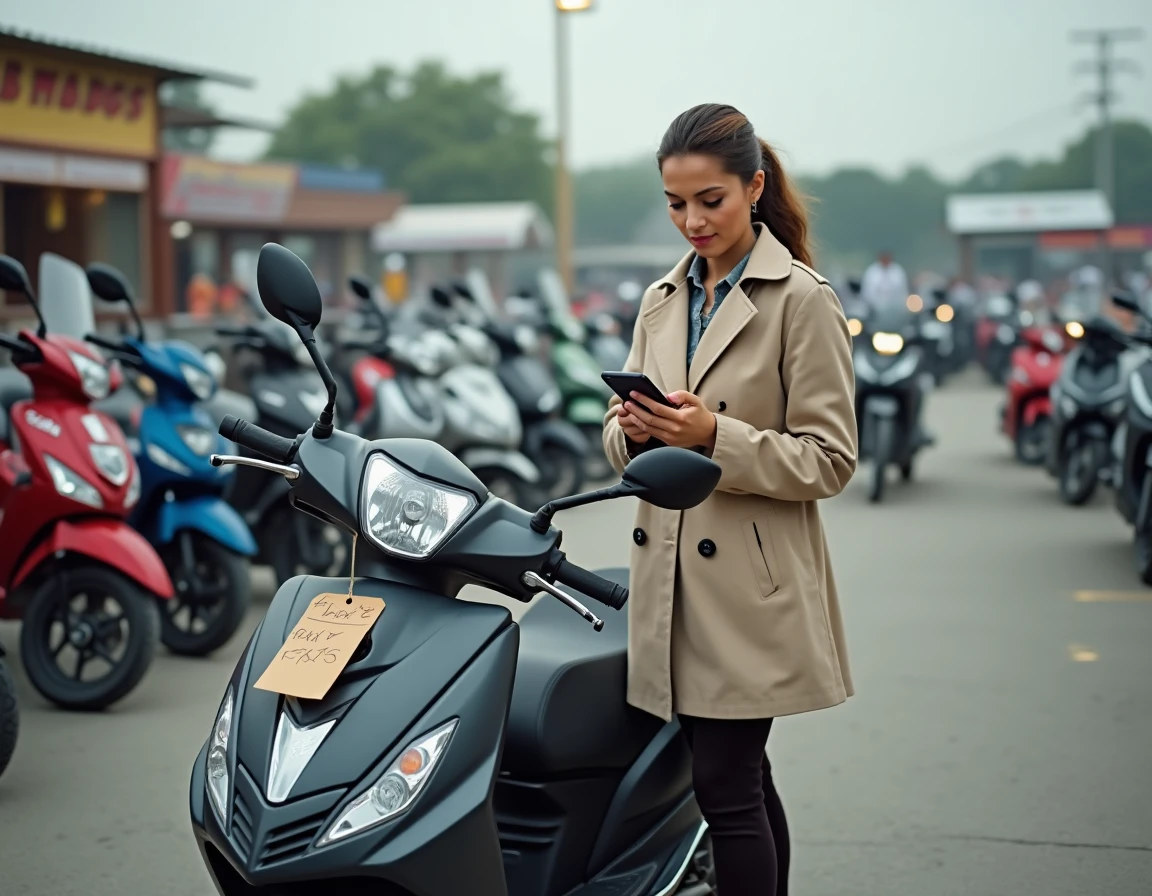 Femme comparant les prix d'un Honda 125 dans un marché de scooters d'occasion en plein air