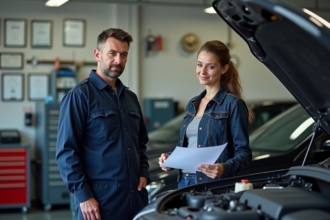 Mécanicien homme en atelier auto avec cliente