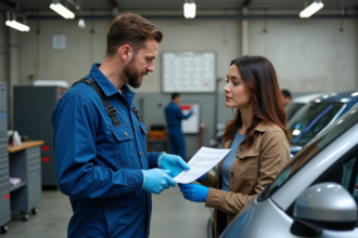 Mécanicien parlant avec une femme dans un atelier auto