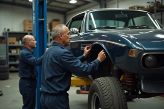 Mécanicien en overalls inspectant une BMW CSL dans un garage