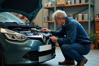 Mécanicien inspectant un moteur 1.5 dCi Renault dans un garage urbain, diagnostic moteur diesel