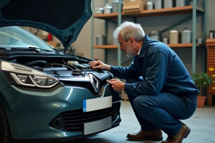 Mécanicien inspectant un moteur 1.5 dCi Renault dans un garage urbain, diagnostic moteur diesel