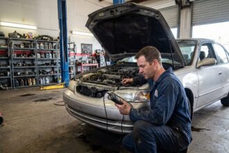 Mécanicien professionnel inspectant le moteur d'une voiture d'occasion dans un garage, tenant un outil de diagnostic, illustrant la garantie panne mécanique