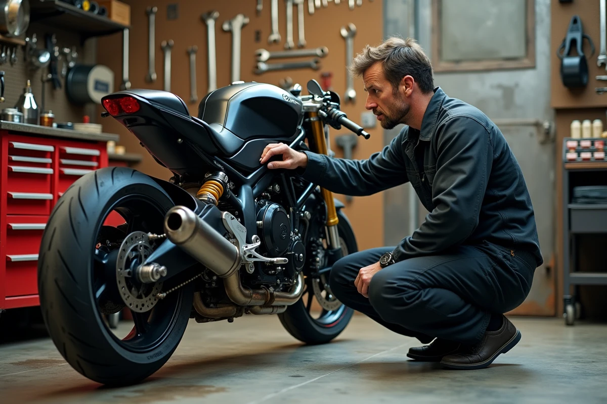 Mécanicien inspectant les freins d'une moto puissante dans un atelier, soulignant l'importance de l'entretien