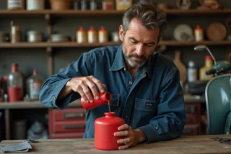 Mécanicien préparant un mélange essence huile deux temps dans un bidon rouge sur un établi de garage