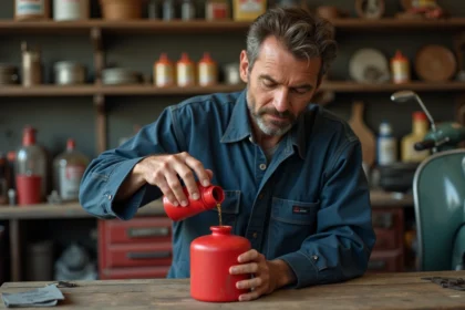 Mécanicien préparant un mélange essence huile deux temps dans un bidon rouge sur un établi de garage