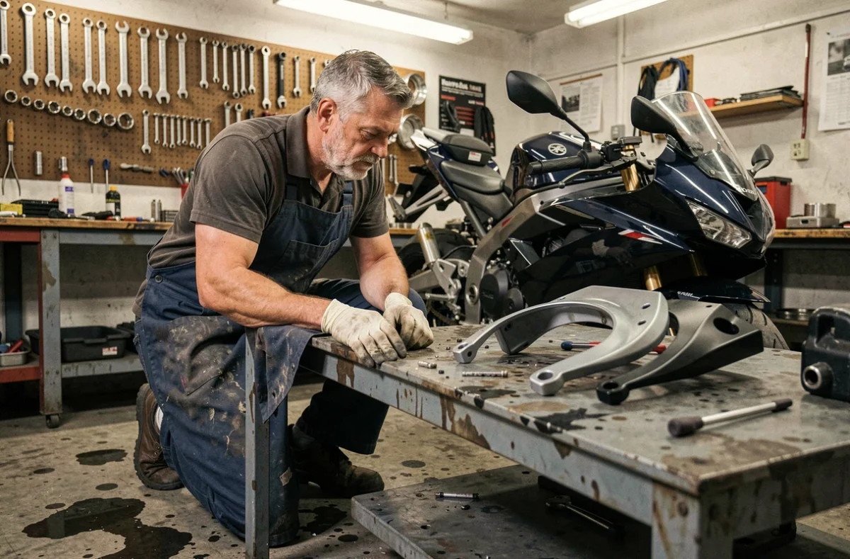 Mécanicien installant des modifications sur une Honda CBR 1000 F dans un atelier moto indépendant