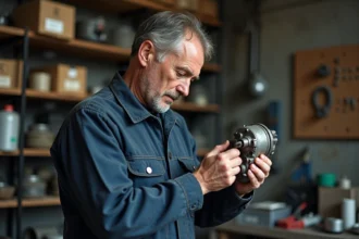 Mécanicien français inspectant une pièce moteur LADA d'occasion dans un atelier de pièces automobiles