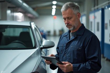 Mecanicien en coveralls consulte une tablette devant une voiture