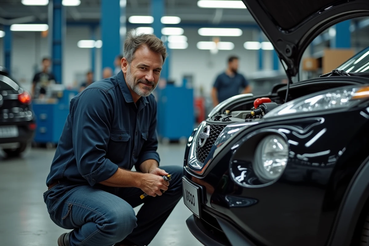 Mécanicien inspectant le moteur d'un Nissan Juke dans un garage automobile professionnel