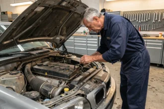 Mécanicien inspectant le moteur diesel BMW M47 dans un atelier automobile européen