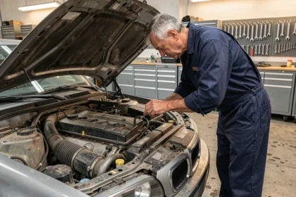 Mécanicien inspectant le moteur diesel BMW M47 dans un atelier automobile européen