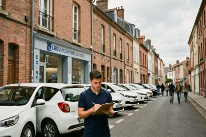 Vue générale d'une auto-école dans la Somme avec des voitures d'apprentissage et un instructeur devant un bâtiment typique du nord de la France