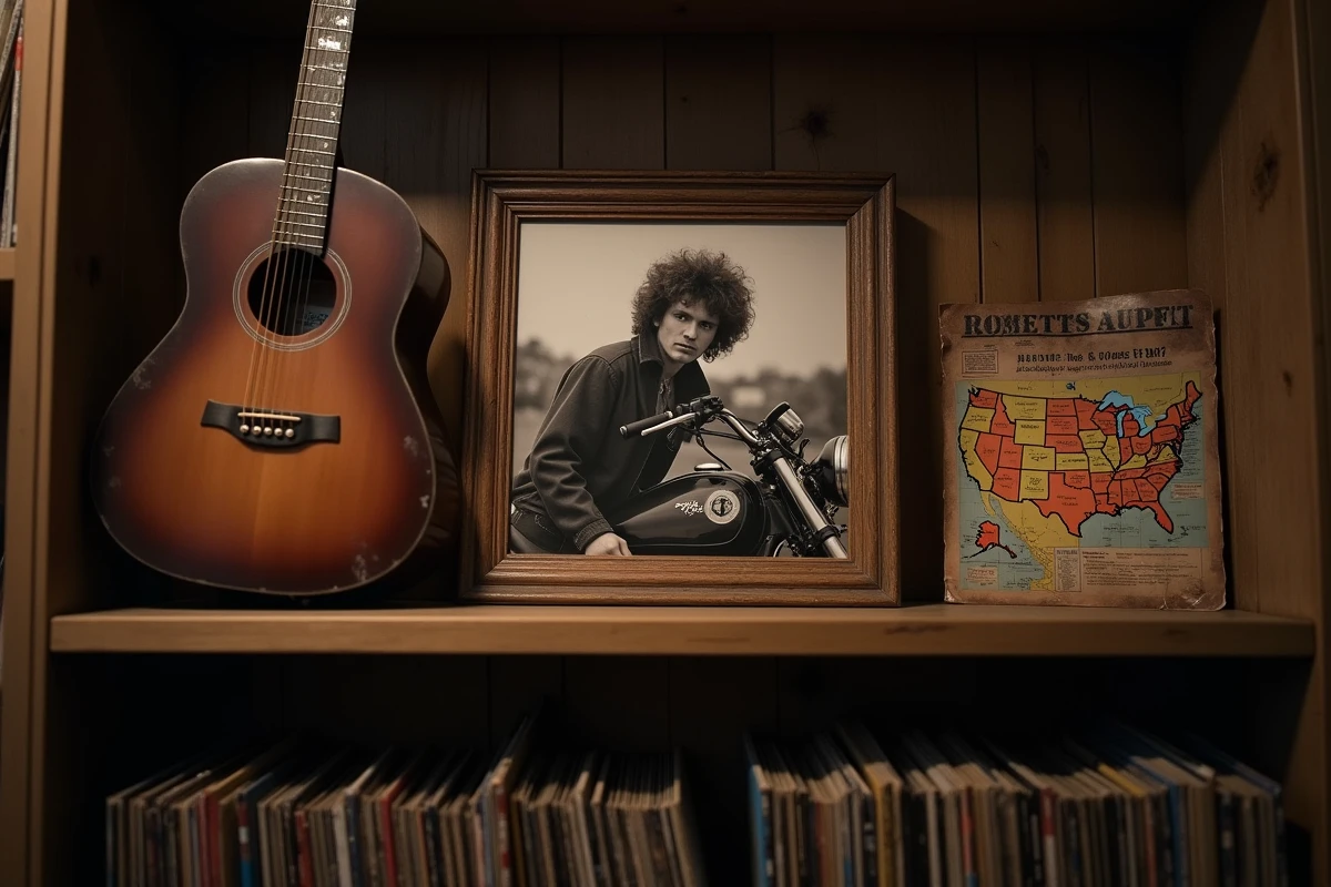 Photographie encadrée en noir et blanc d'un musicien sur une moto vintage exposée dans une boutique de souvenirs musicaux avec guitare et vinyles