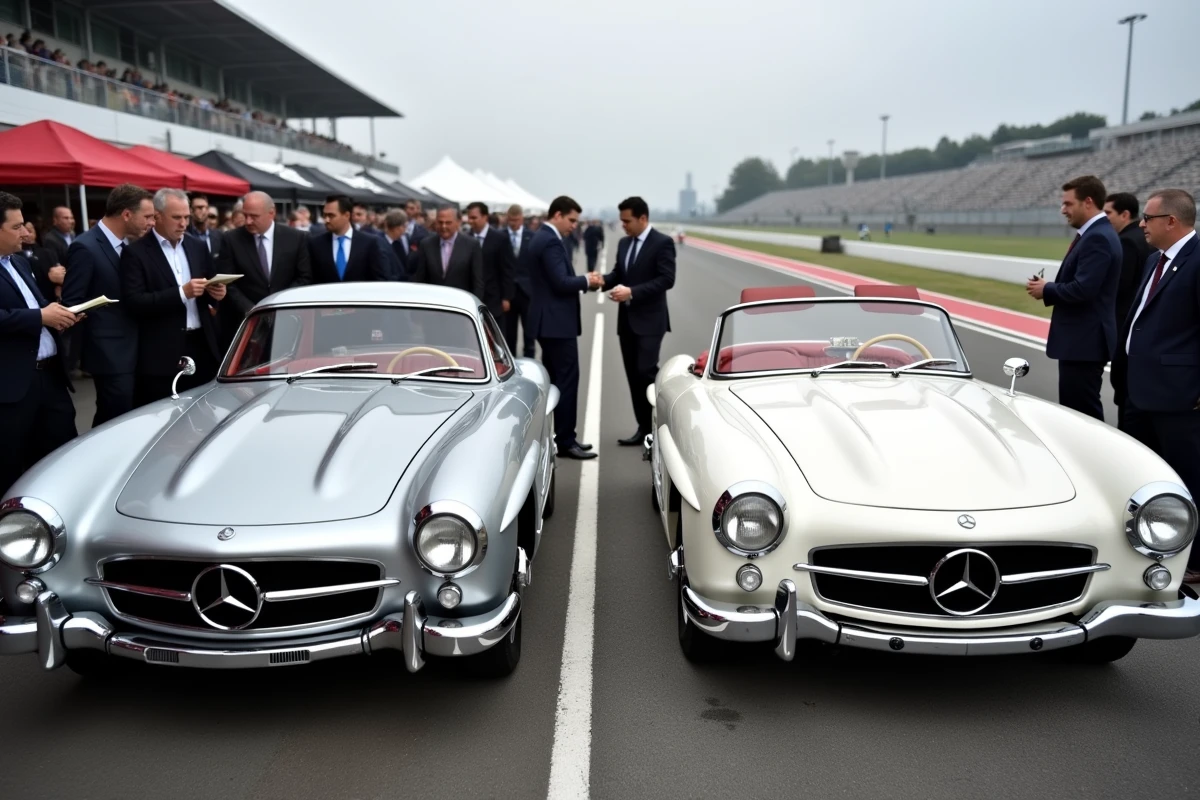 Deux Mercedes 300 SL côte à côte en paddock lors d'une vente aux enchères de voitures de collection, avec options d'origine et acheteurs experts en arrière-plan