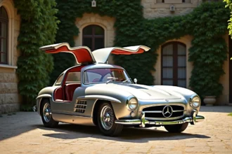 Mercedes 300 SL Gullwing 1955 argent garée devant un château européen, vue 3/4 avant grand angle mettant en valeur son pedigree exceptionnel