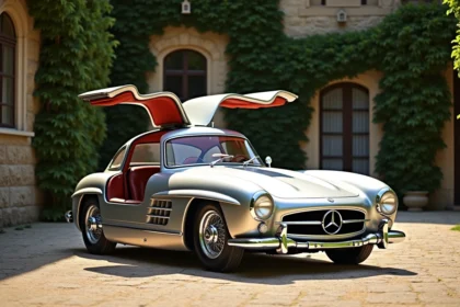 Mercedes 300 SL Gullwing 1955 argent garée devant un château européen, vue 3/4 avant grand angle mettant en valeur son pedigree exceptionnel