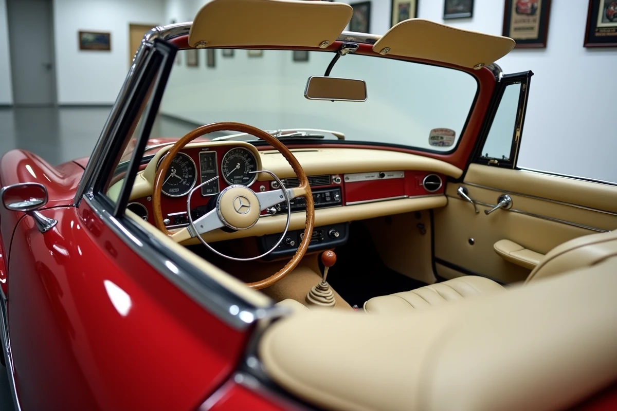 Intérieur cockpit d'une Mercedes 300 SL Roadster rouge avec compteur kilométrique visible, cuir crème et tableau de bord vintage en détail