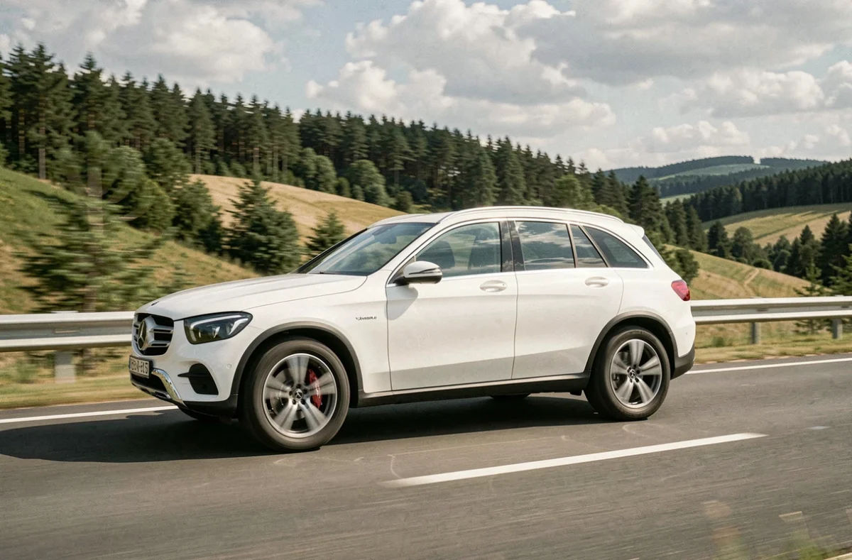 Mercedes GLC blanc en mouvement sur autoroute française, vue de profil avec effet de filé mettant en valeur la dynamique du SUV sur long trajet