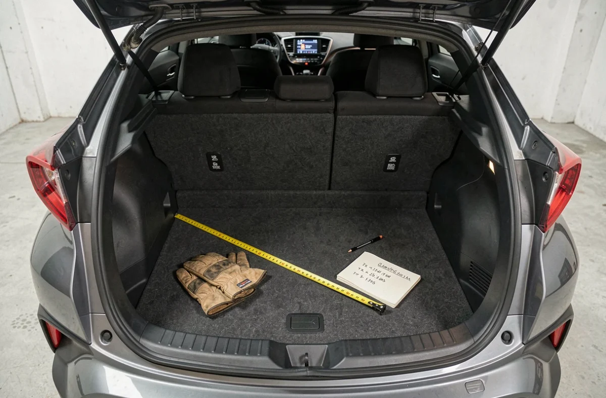 Vue du dessus du coffre du Toyota C-HR avec un mètre ruban pour illustrer les dimensions et mesures utiles de l'espace de chargement