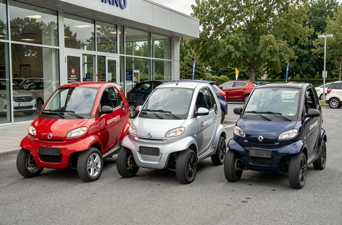 Trois modèles de voitures sans permis alignés dans un parking de concessionnaire automobile