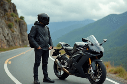 Motard confiant sur une moto puissante en montagne