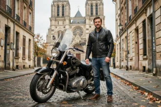 Motard en veste de cuir noir posant avec sa moto devant la cathédrale d'Amiens