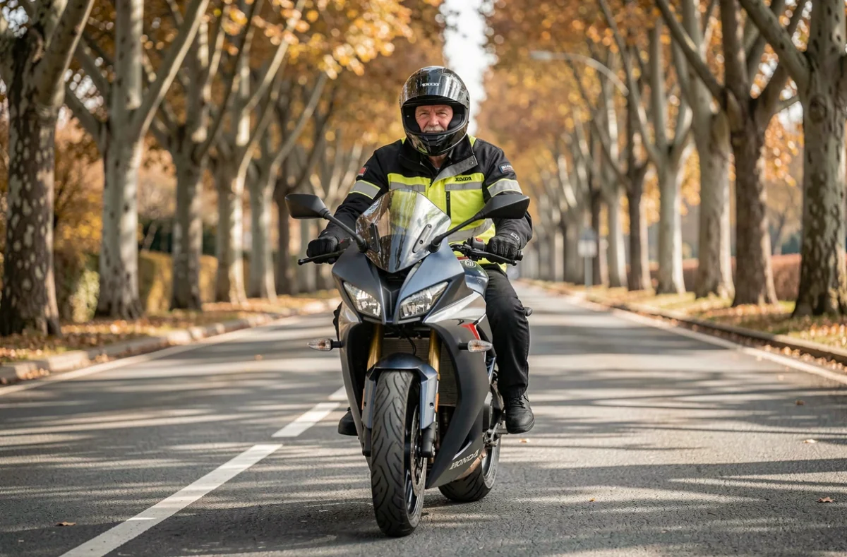 Motard sur Honda CBR 1000 F modifiée adoptant une position de conduite confortable sur route nationale française