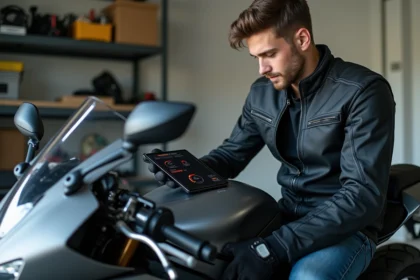 Jeune motard en textile dans un garage moderne