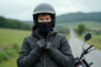 Motard jeune homme avec balaclava noire en nature