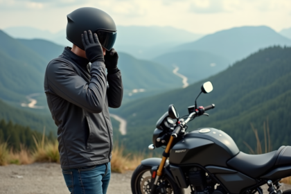 Motard ajustant ses écouteurs Bluetooth en montagne