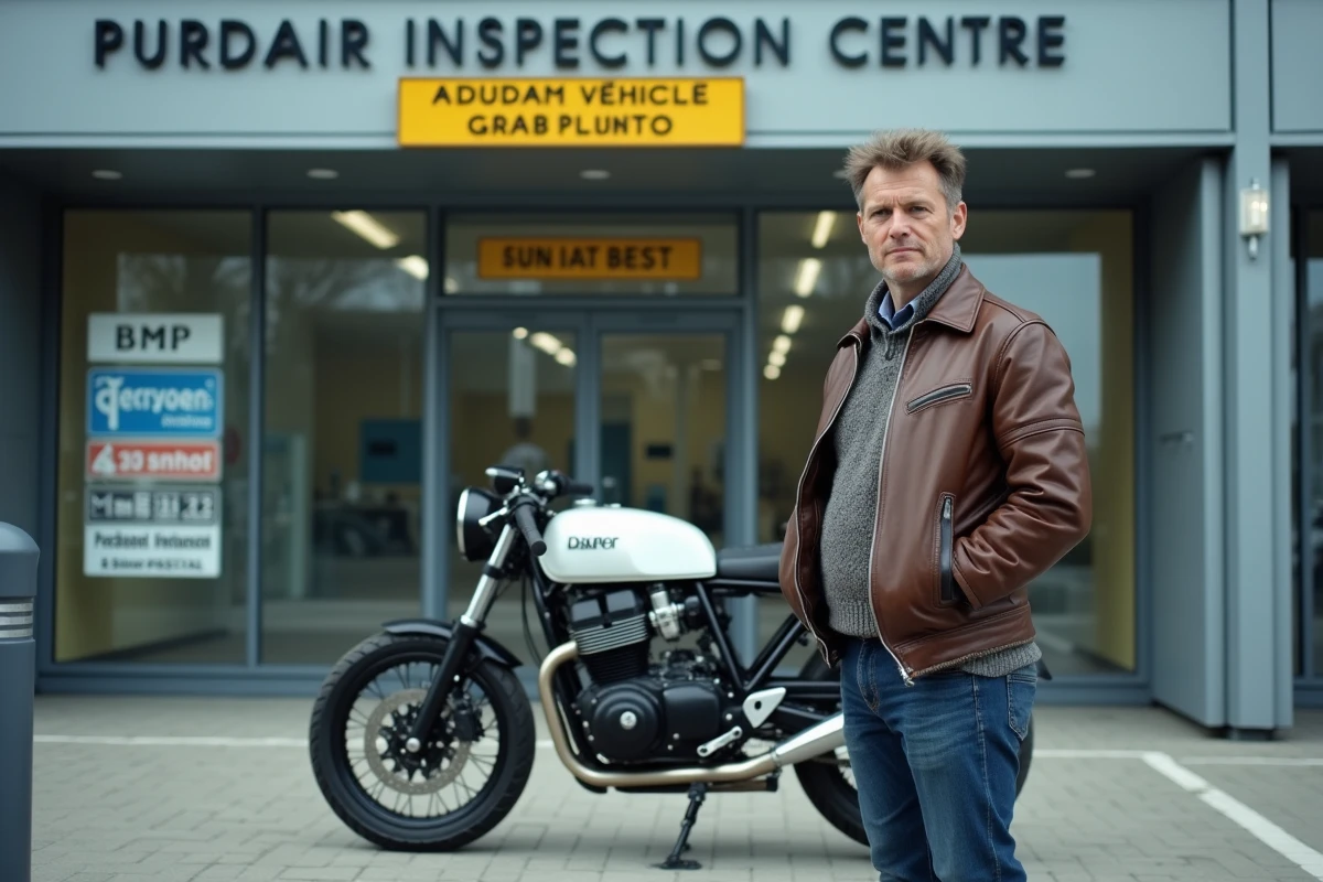 Motard et sa moto ancienne devant un centre de contrôle technique officiel