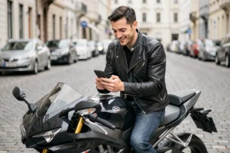 Motard consulte une simulation d'assurance moto sur son smartphone assis sur sa moto en ville