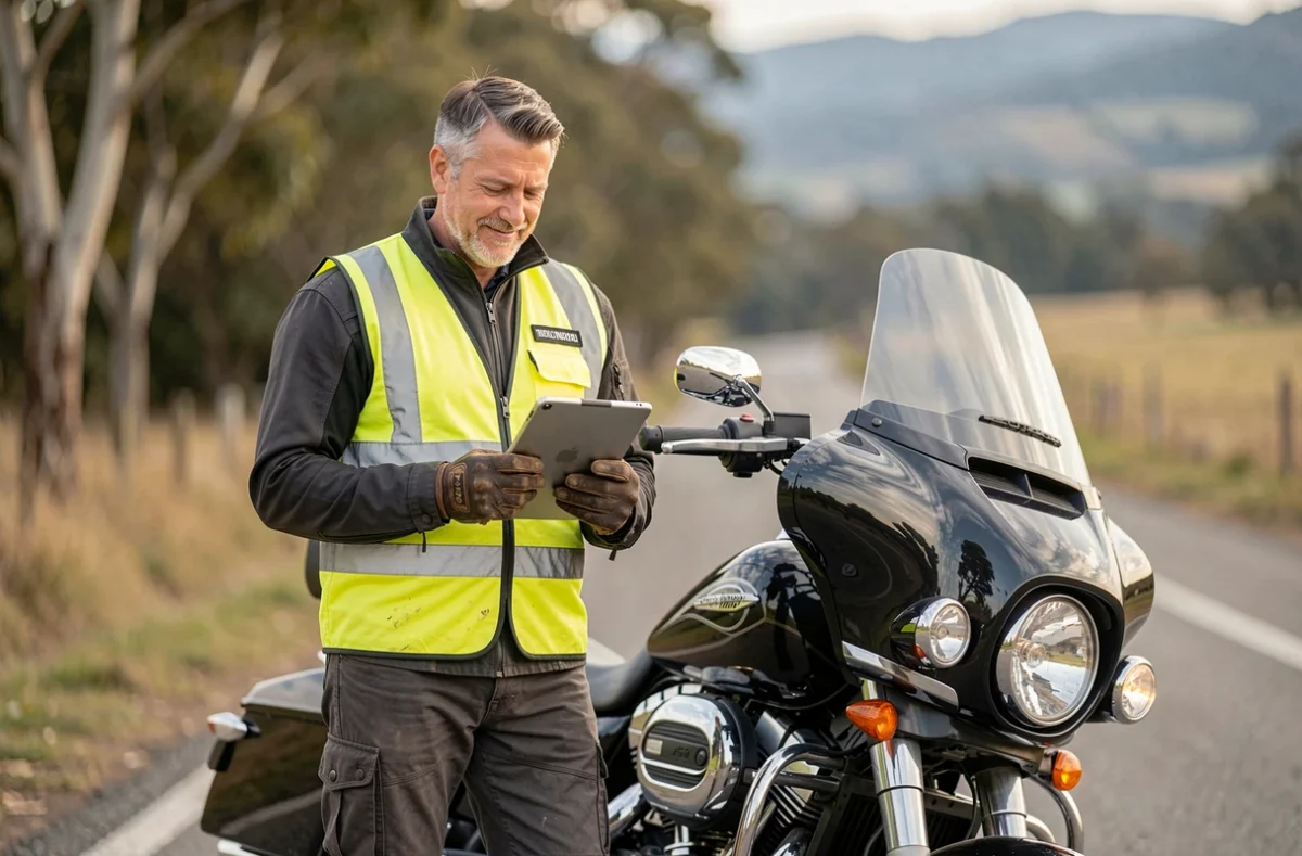 Motard en équipement consulte un formulaire de simulation d'assurance moto sur tablette au bord d'une route de campagne