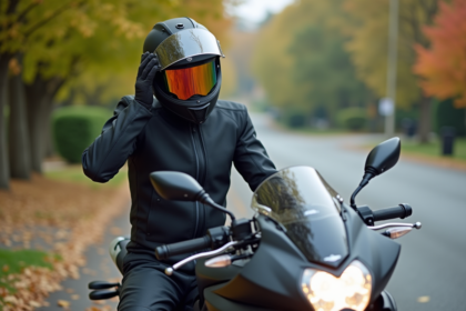 Motard homme ajustant son casque sur le bord de la route