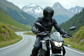 Jeune motard en combinaison hightech avec moto sportive 2026