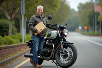 Motard homme avec moto vintage en extérieur