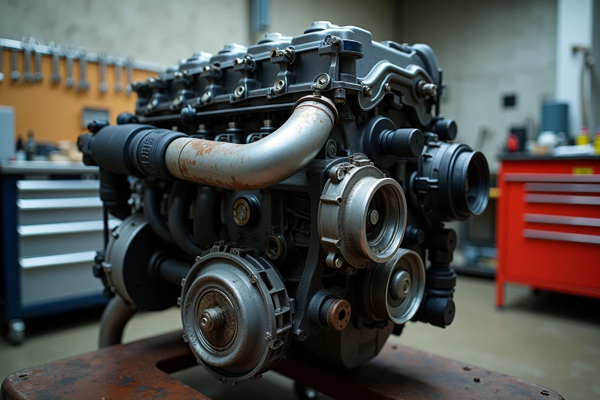 Moteur 1.5 dCi Renault posé sur établi d'atelier montrant turbo et injecteurs, usure moteur diesel