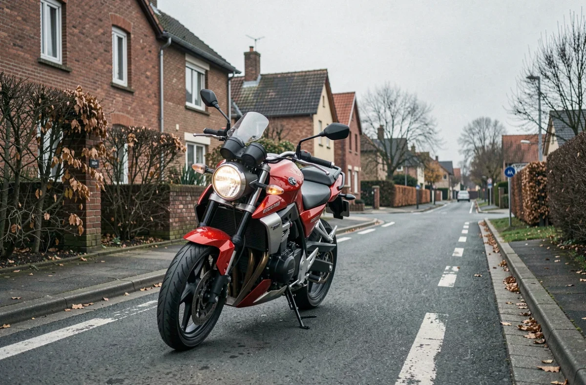 Moto rouge garée dans une rue résidentielle typique d'Amiens en Picardie