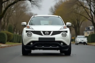 Nissan Juke blanc nacré garé dans une rue résidentielle, vue trois quarts avant mettant en valeur son design distinctif