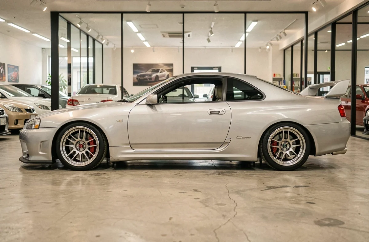 Nissan Skyline GTR R34 argent exposée dans un showroom de voitures d'occasion japonaises