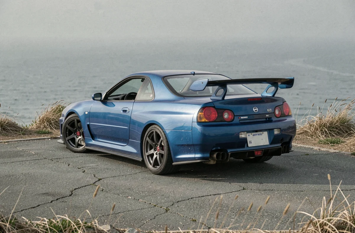 Nissan Skyline GTR R34 bleu bayside vue arrière trois quarts sur un belvédère côtier avec vue sur l'océan