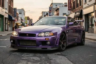 Nissan Skyline GTR R34 d'occasion en violet midnight vue de trois quarts avant dans une rue urbaine